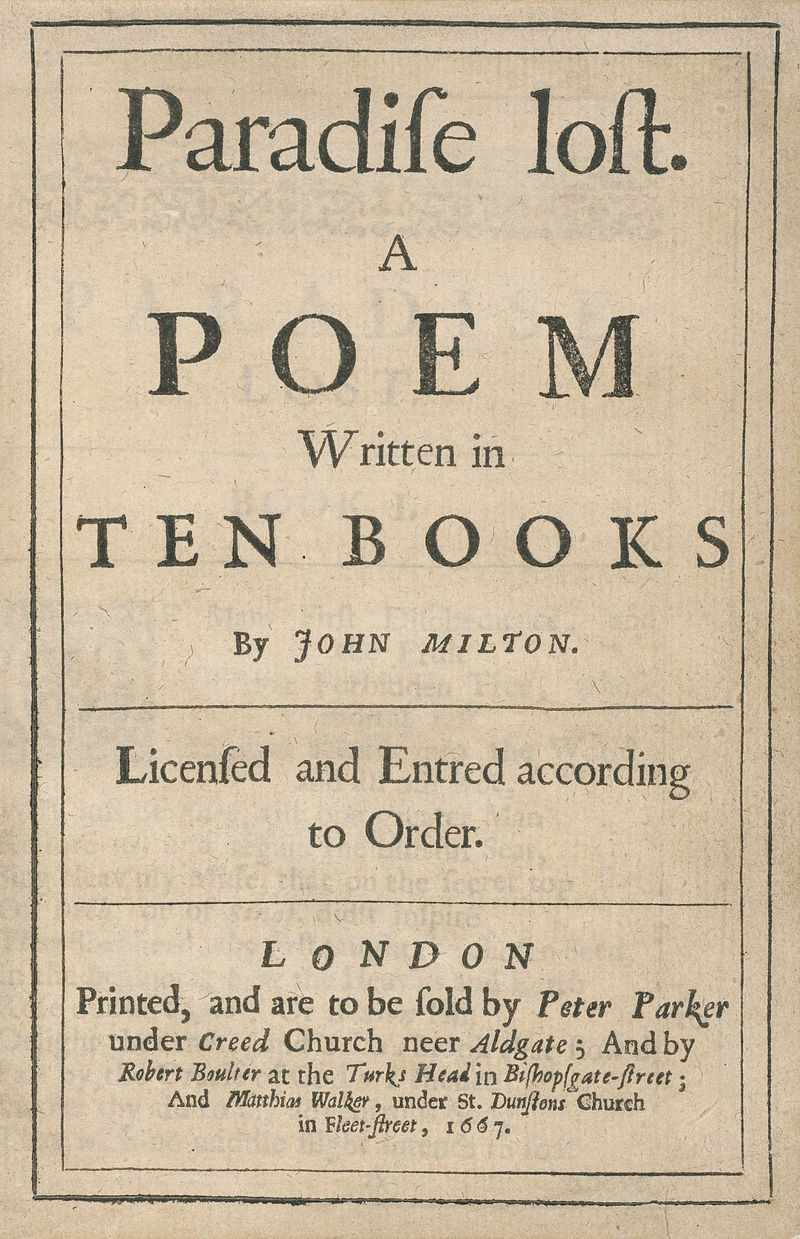 Title page of Paradise Lost, London: 1667, by John Milton (1608-1674). EC65.M6427P.1667aa, Houghton Library, Harvard University